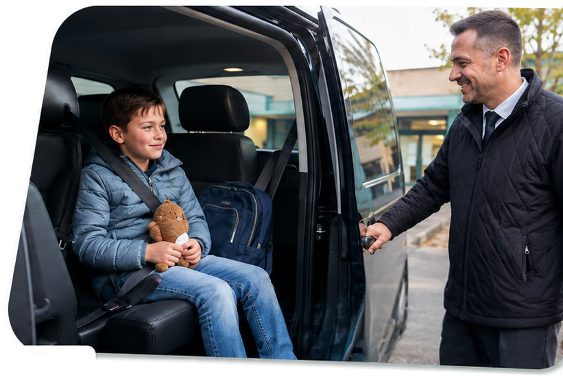 Enfant installé dans un véhicule accompagné par un chauffeur